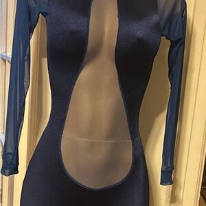 NY Collection Navy Sheer Panel Long Sleeve Dress